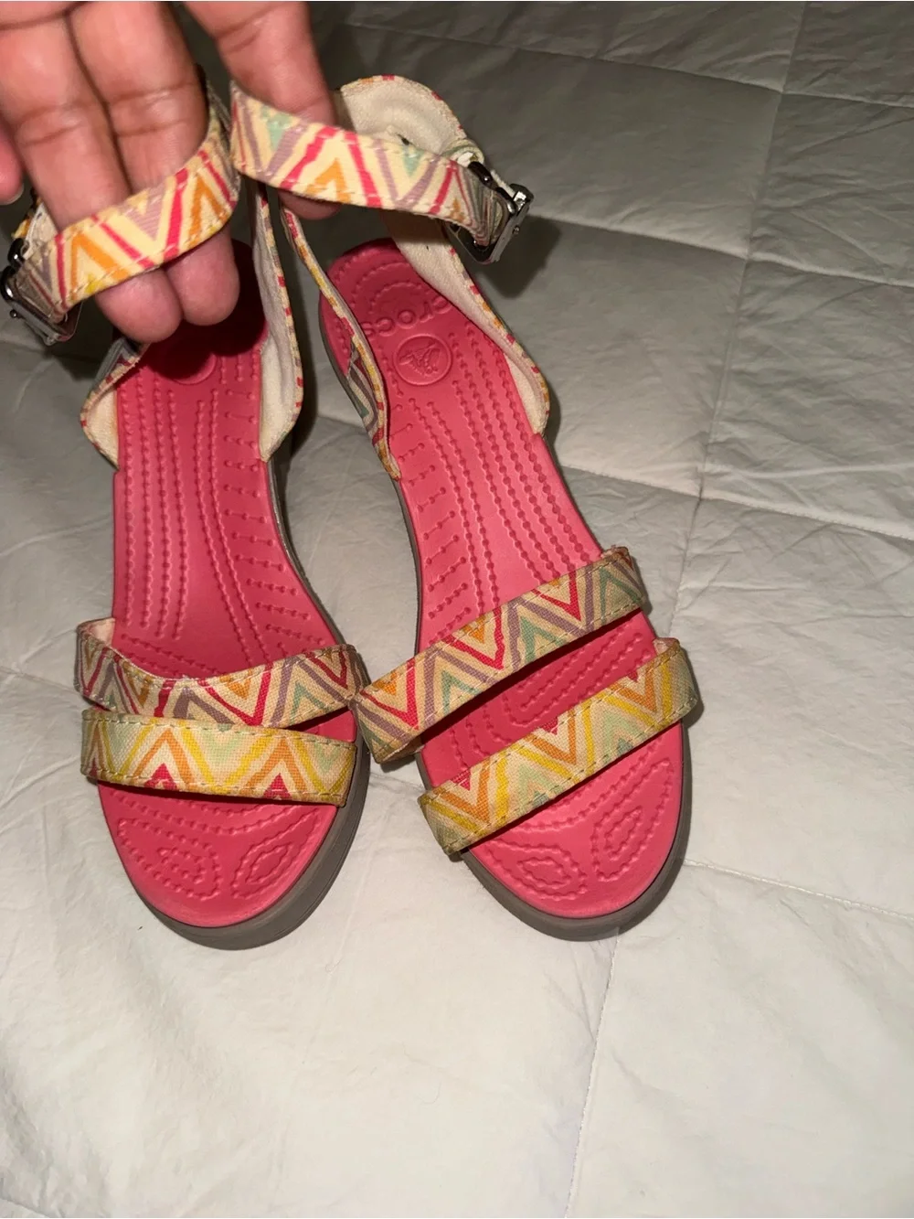 CROCS Brown Wedge Sandals with Multicolor Chevron Straps